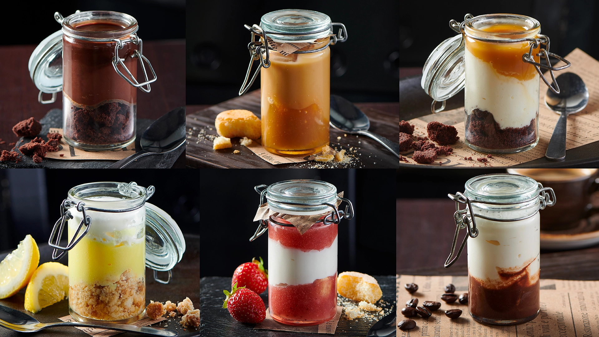 Sélection de desserts italiens dont tiramisu et gâteau au fromage choco-caramel