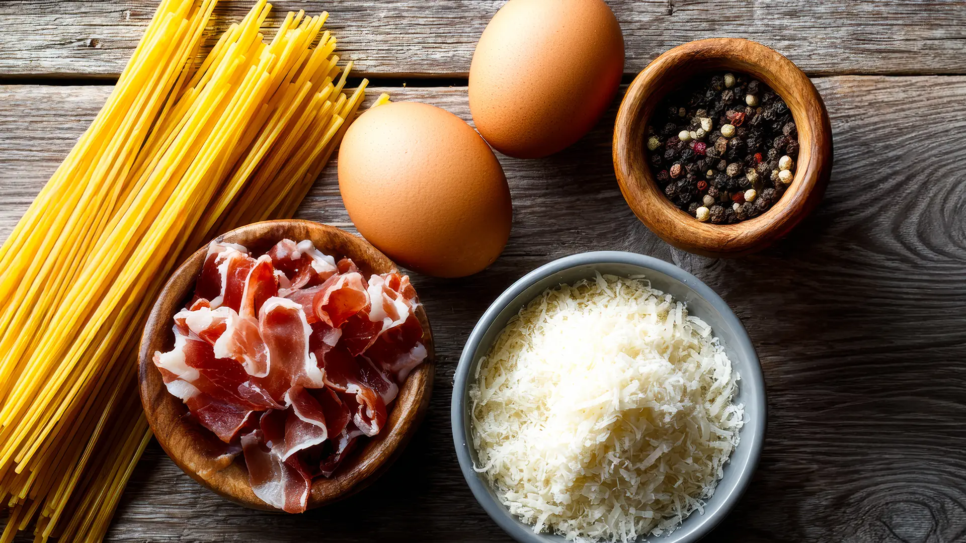 Ingrédients de la carbonara PACINI : pancetta, œufs, pecorino et poivre noir
