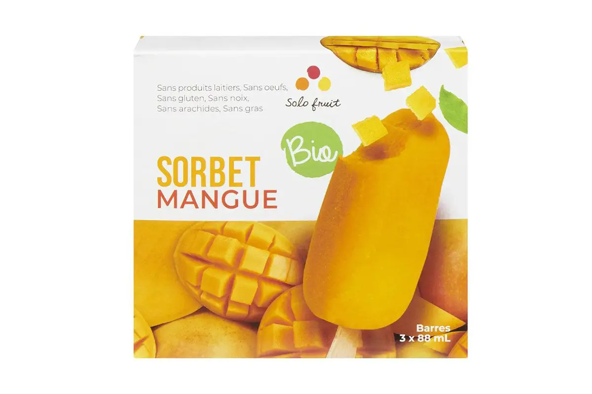 Boîte de barres de sorbet à la mangue bio, un dessert respectueux des allergies servi chez PACINI